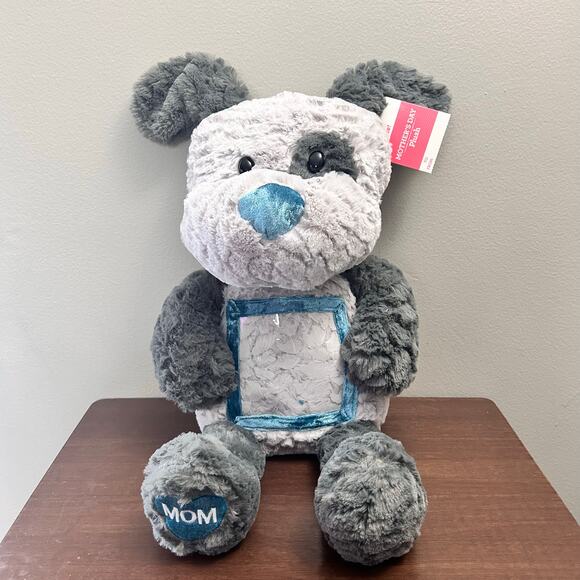 Mother's Day Large Gray and Blue Puppy Plush with Built-In Photo Frame, 13 in - Picture 1 of 6